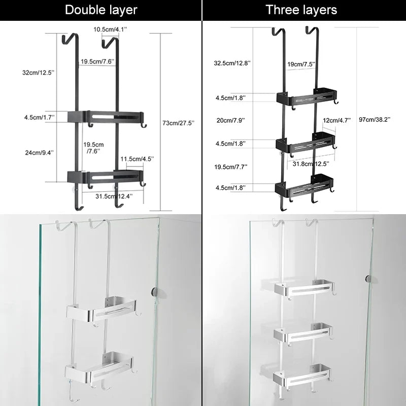 Over-the-Door Shower Caddy Aluminum 2 or 3 Tier Hanging Organizer for Glass Shower Doors No Drilling Shampoo Holder Rack | Lonoma