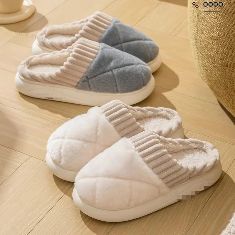 Plush House Slippers for Women & Men – Checkered Indoor Shoes with Thick Soles, Warm Fleece Lining, Fuzzy Slip-On Footwear for Cold Weather | Lonoma