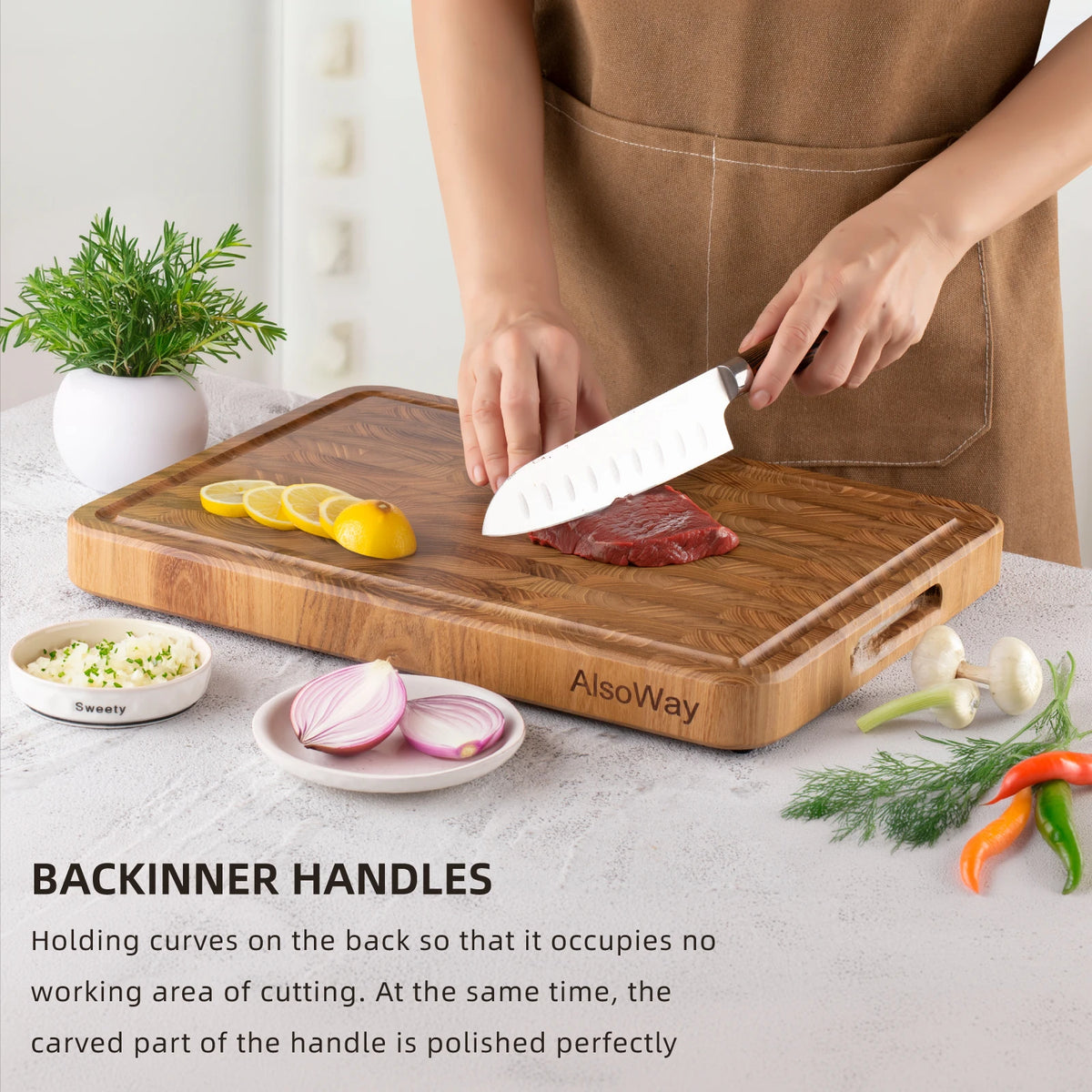 Teak Wood Cutting Board with Juice Groove and Handles for Kitchen Prep | Chopping Block for Meat Vegetables | Pre-Oiled End Grain Butcher | Lonoma