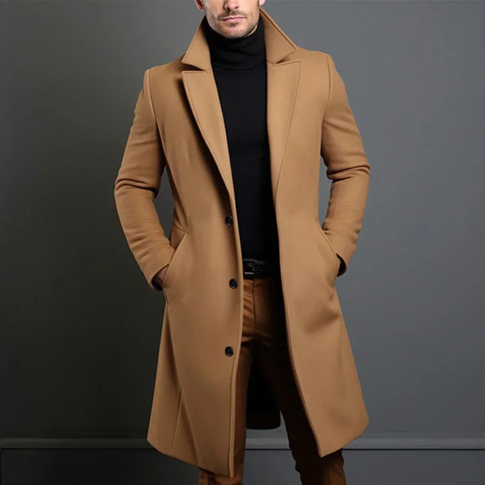 Women's Single-Breasted Trench Coat in Beige, Grey, Navy & Black — Longline Structured Lapel Design for Work and Formal Occasions | Koossa