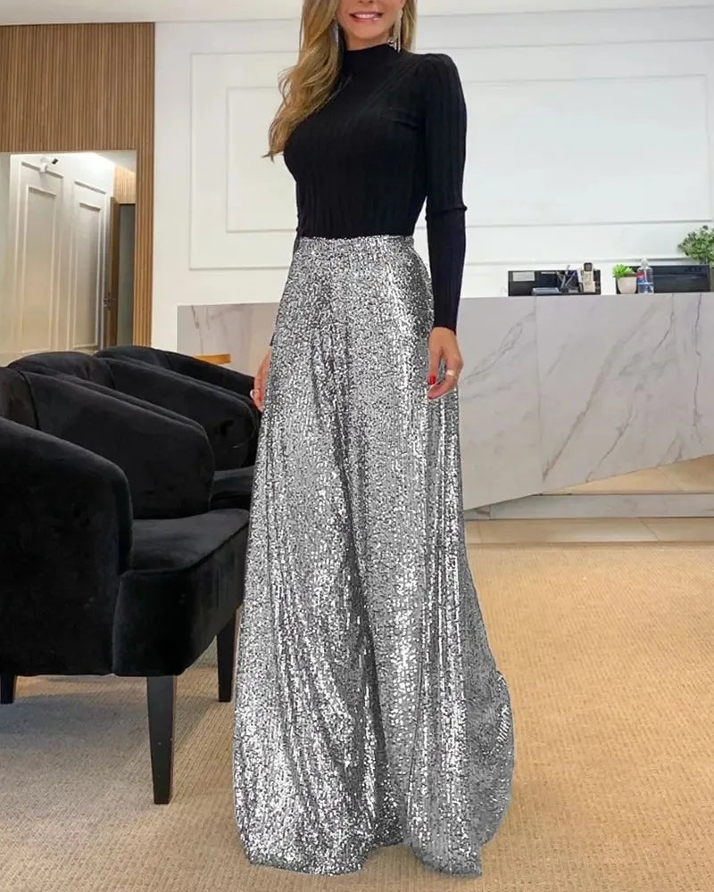 Women's Wide Leg Sequin Trousers — Elegant Party Trousers for Festive Evening Celebrations & Special Occasions | Koossa