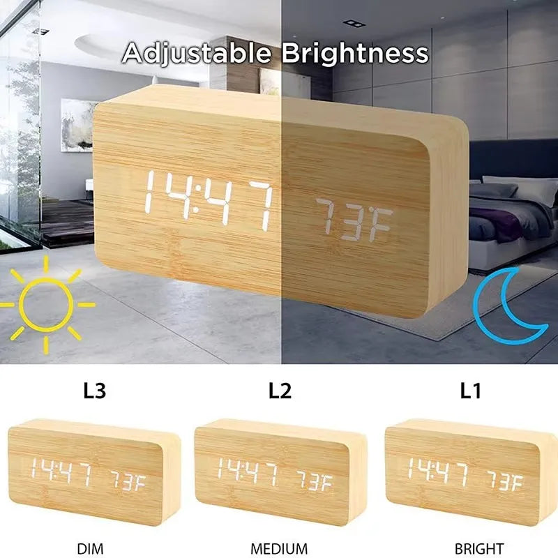 Horloge numérique LED finition bois avec température alarmes multiples fonction snooze pour chambre bureau | Koossa
