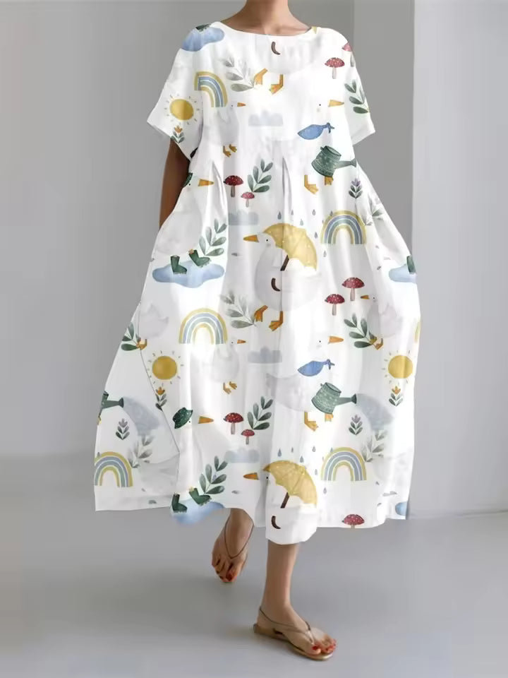 Women's Floral Midi Dress with Relaxed Silhouette and Round Neckline for Effortless Elegance | Koossa