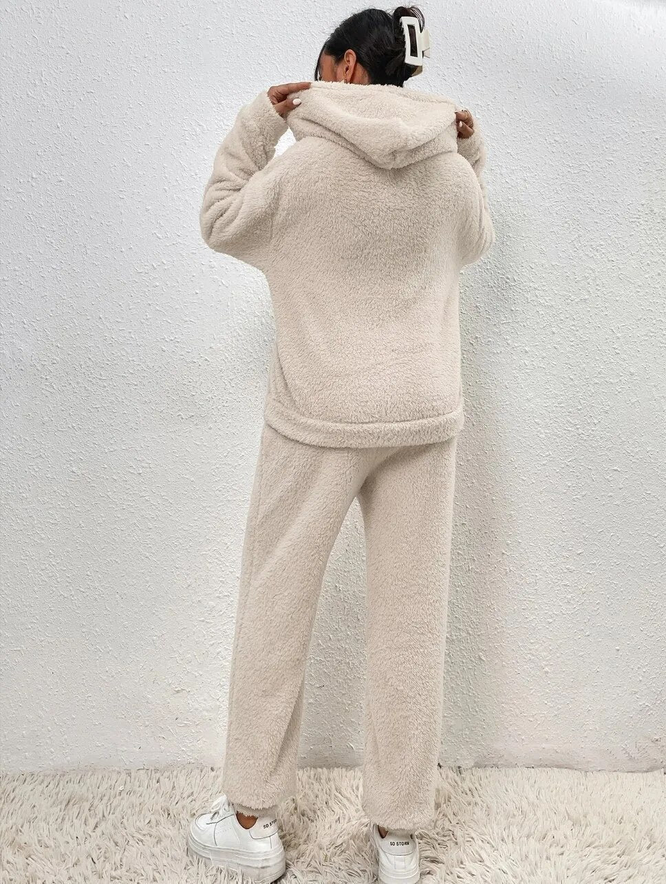 Hooded Fleece Lounge Set Women's Two-Piece Teddy Sweatsuit with Kangaroo Pocket for Winter Cozy Homewear Soft Plush Tracksuit | Lonoma