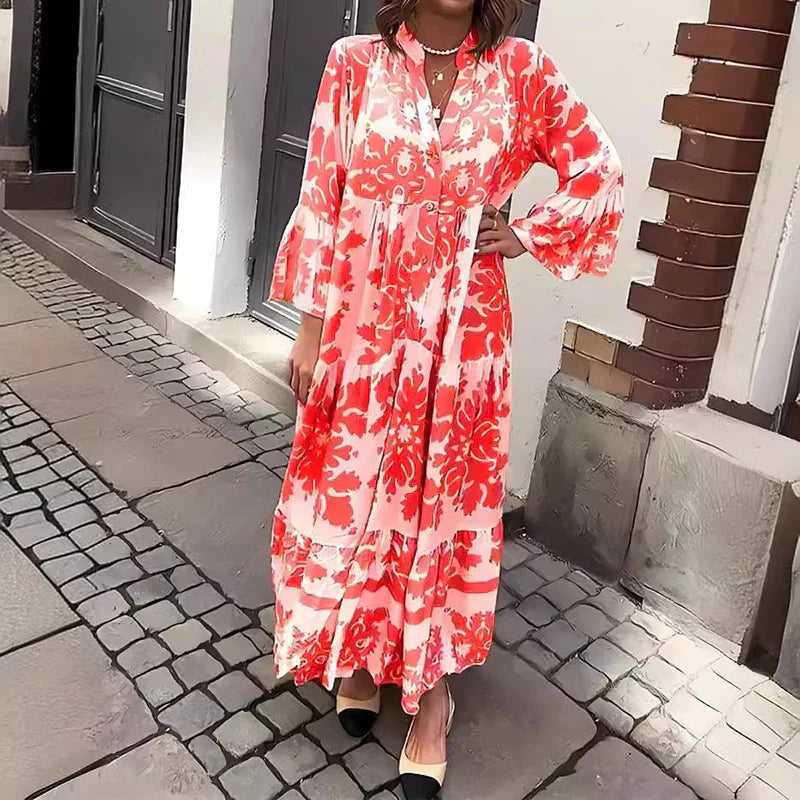 Women's Bohemian Printed Midi Dress with Long Sleeves in Flowing Viscose | Elegant Spring Summer Occasion Wear | Koossa