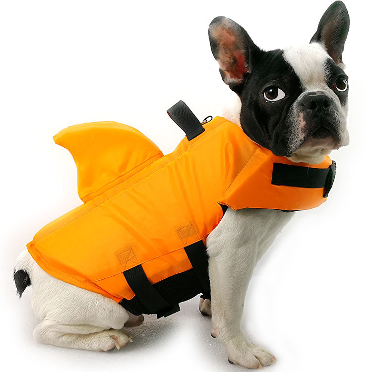 Dog Life Jacket Shark Fin Buoyant Diving Fabric French Bulldog Swim Vest Quick-Release Buckle Grab Handle D-Ring Water Safety | Koossa