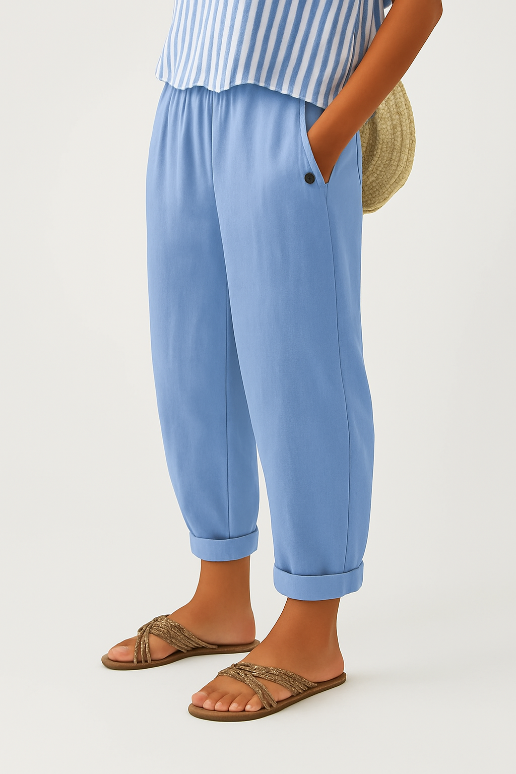 Women's Lightweight Cotton Trousers with Elastic Waist in Beige, White, Blue, Olive, Grey & Black – Relaxed Straight Leg for Effortless Summer Everyday Style | Koossa