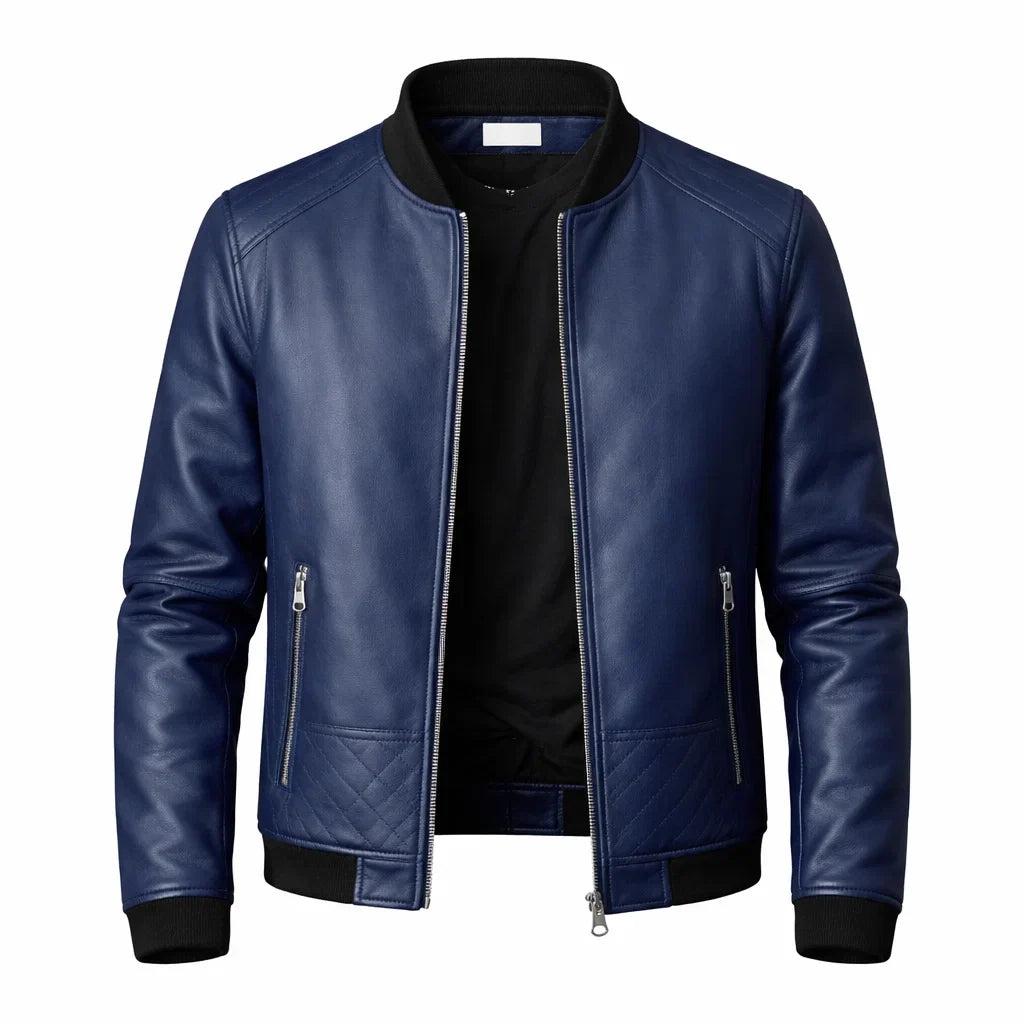 Men's Genuine Leather Bomber Jacket with Ribbed Collar and Zipper Pockets for Smart Casual Wear | Lonoma