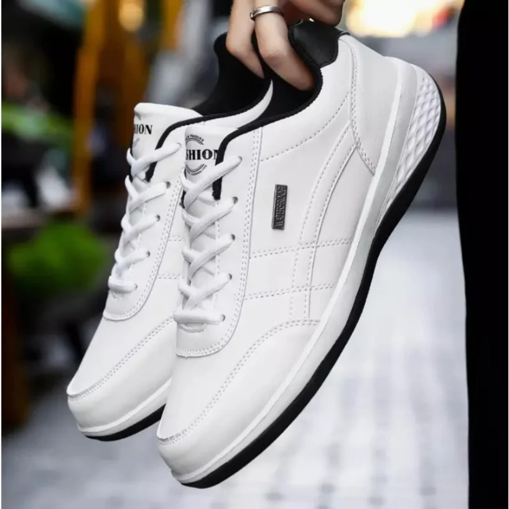 Men's Leather Sneakers Cushioned Sole Lace-Up Low-Top Athletic Casual Shoes for Everyday Walking Work Travel Comfortable Footwear | Lonoma