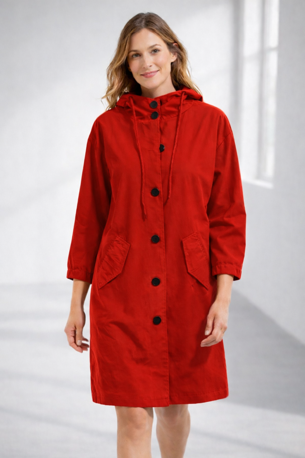 Women's Mid-Length Hooded Jacket — Relaxed Fit Button-Front Coat for Everyday & Transitional Weather | Koossa