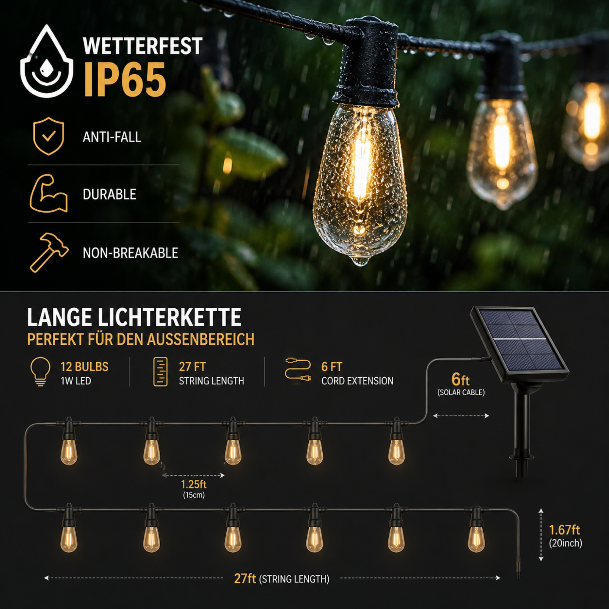 Guirlande lumineuse solaire LED 5-10 m extérieur étanche pour jardin camping terrasse style vintage Edison | Koossa