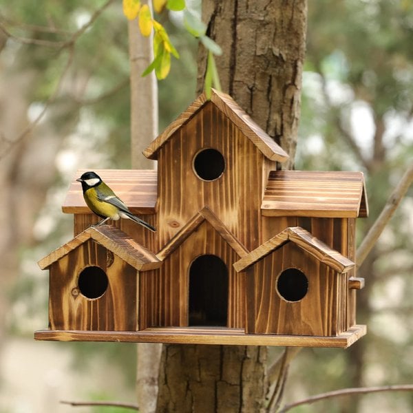Nichoir en Bois Naturel à 6 Entrées pour Oiseaux de Jardin Suspendu avec Corde en Chanvre Décoration Extérieure | Koossa