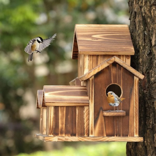 Nichoir en Bois Naturel à 6 Entrées pour Oiseaux de Jardin Suspendu avec Corde en Chanvre Décoration Extérieure | Koossa