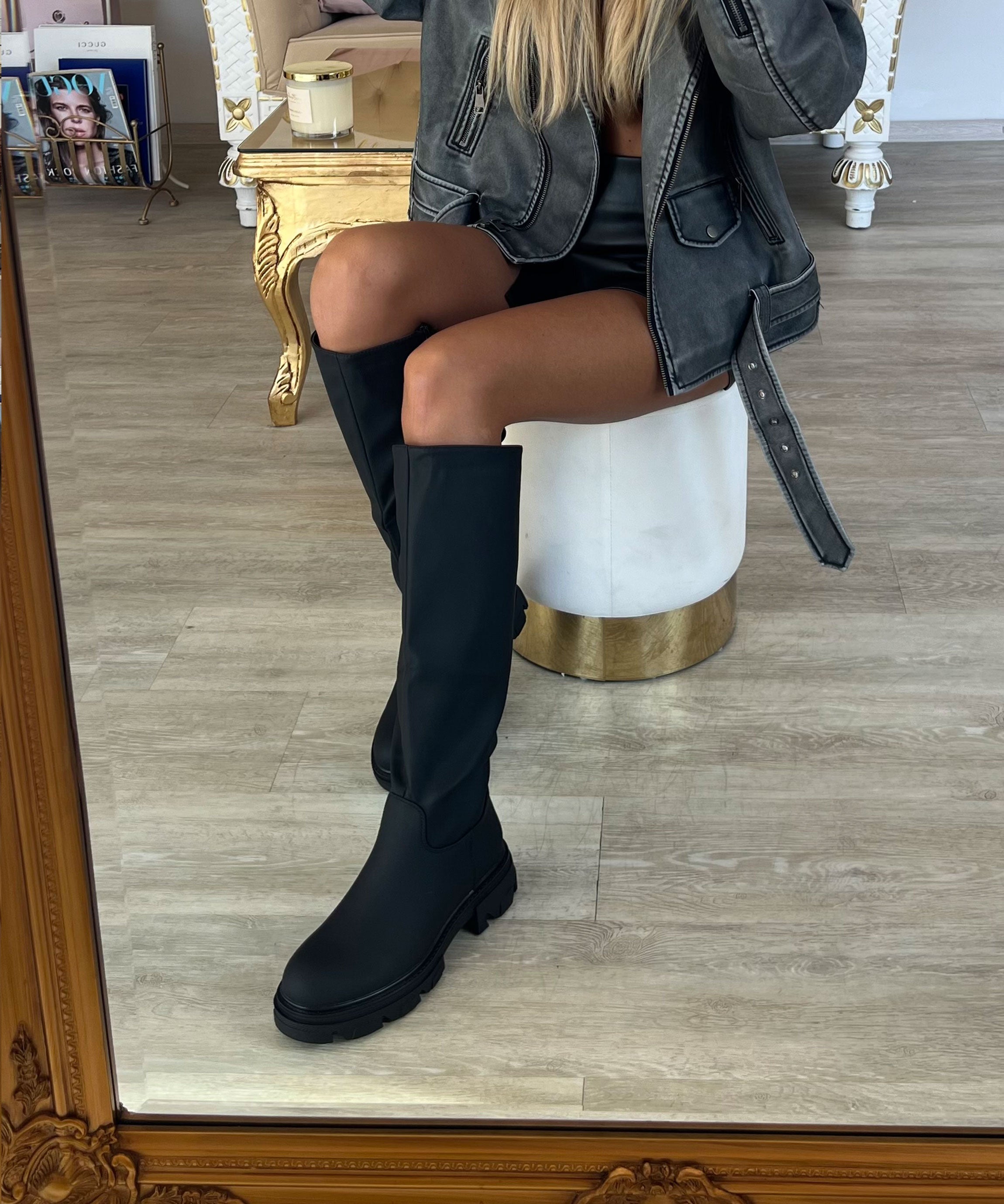 Women's Knee-High Boots Black Faux Leather Chunky Sole Slip-On Autumn Winter | Koossa