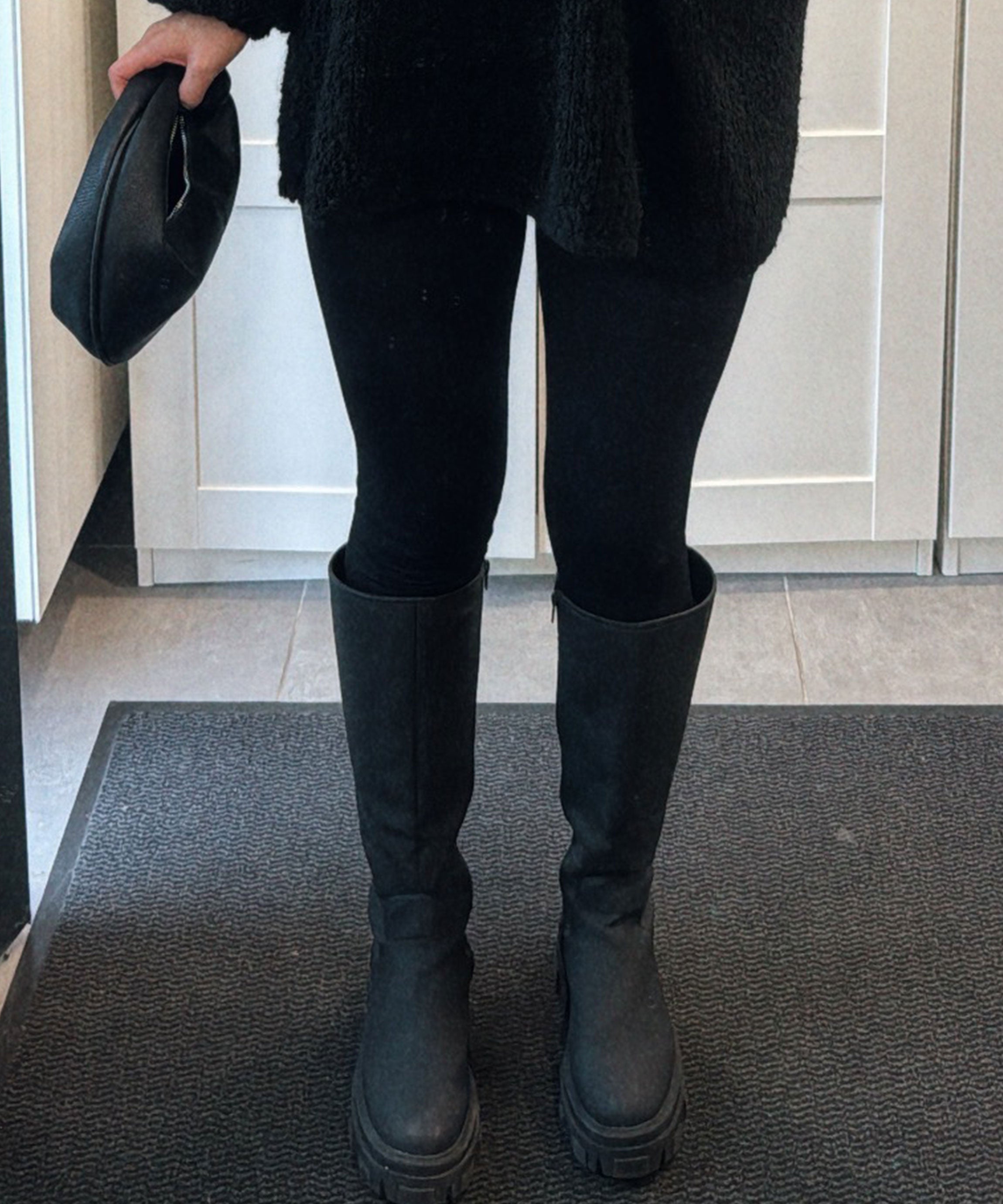 Women's Knee-High Boots Black Faux Leather Chunky Sole Slip-On Autumn Winter | Koossa