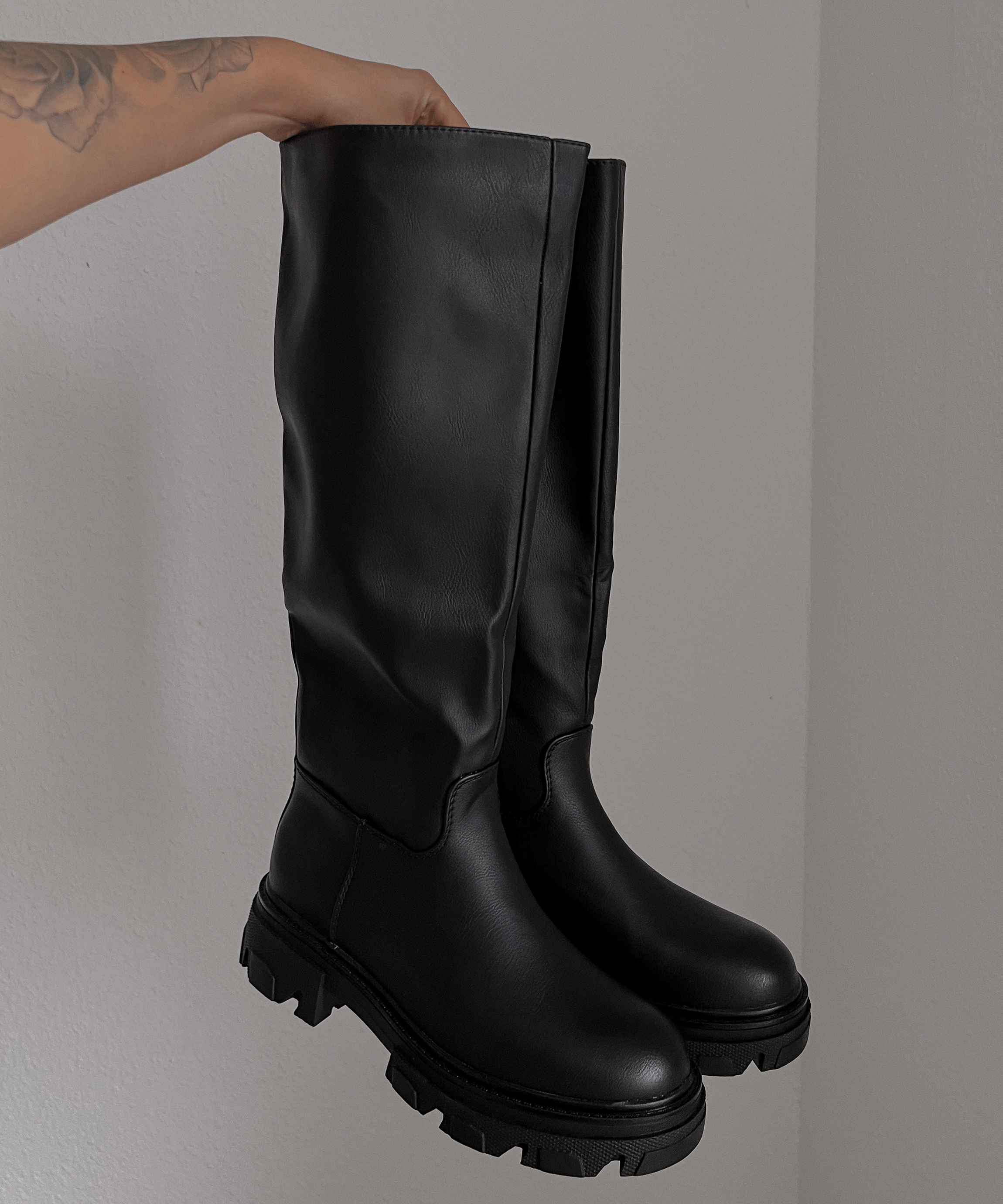 Women's Knee-High Boots Black Faux Leather Chunky Sole Slip-On Autumn Winter | Koossa
