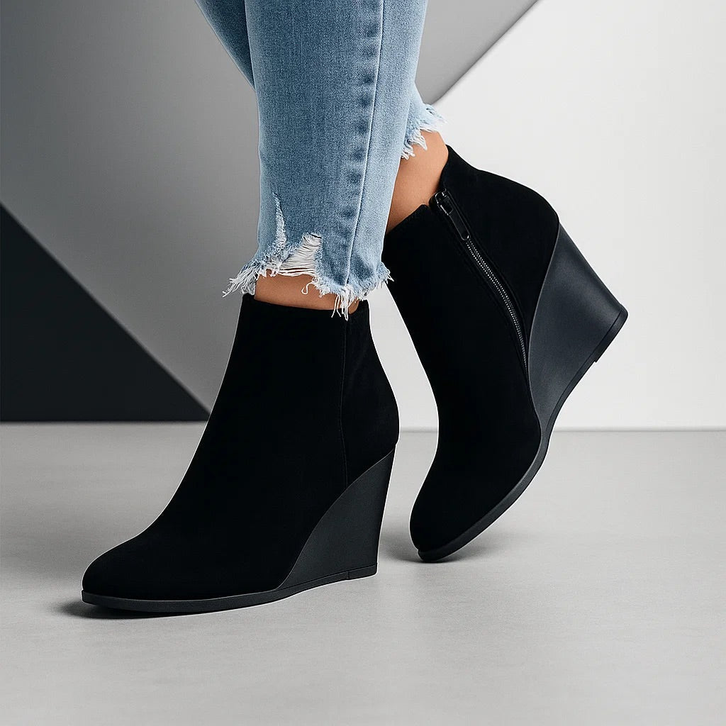Women's Wedge Booties with Open Side Detail – Suede Low-Heel Ankle Boot for Everyday Wear, Work & Weekend Outfits | Lonoma