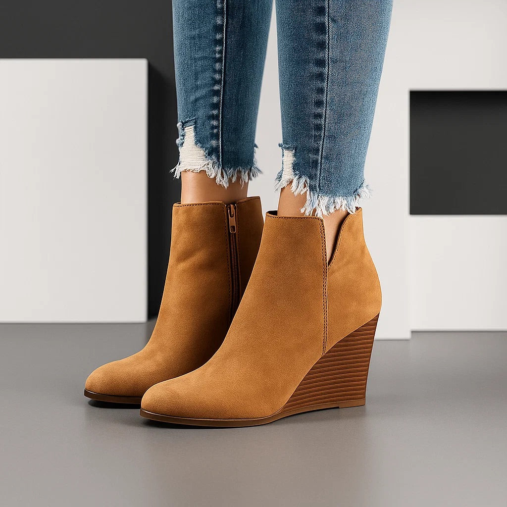 Women's Wedge Booties with Open Side Detail – Suede Low-Heel Ankle Boot for Everyday Wear, Work & Weekend Outfits | Lonoma