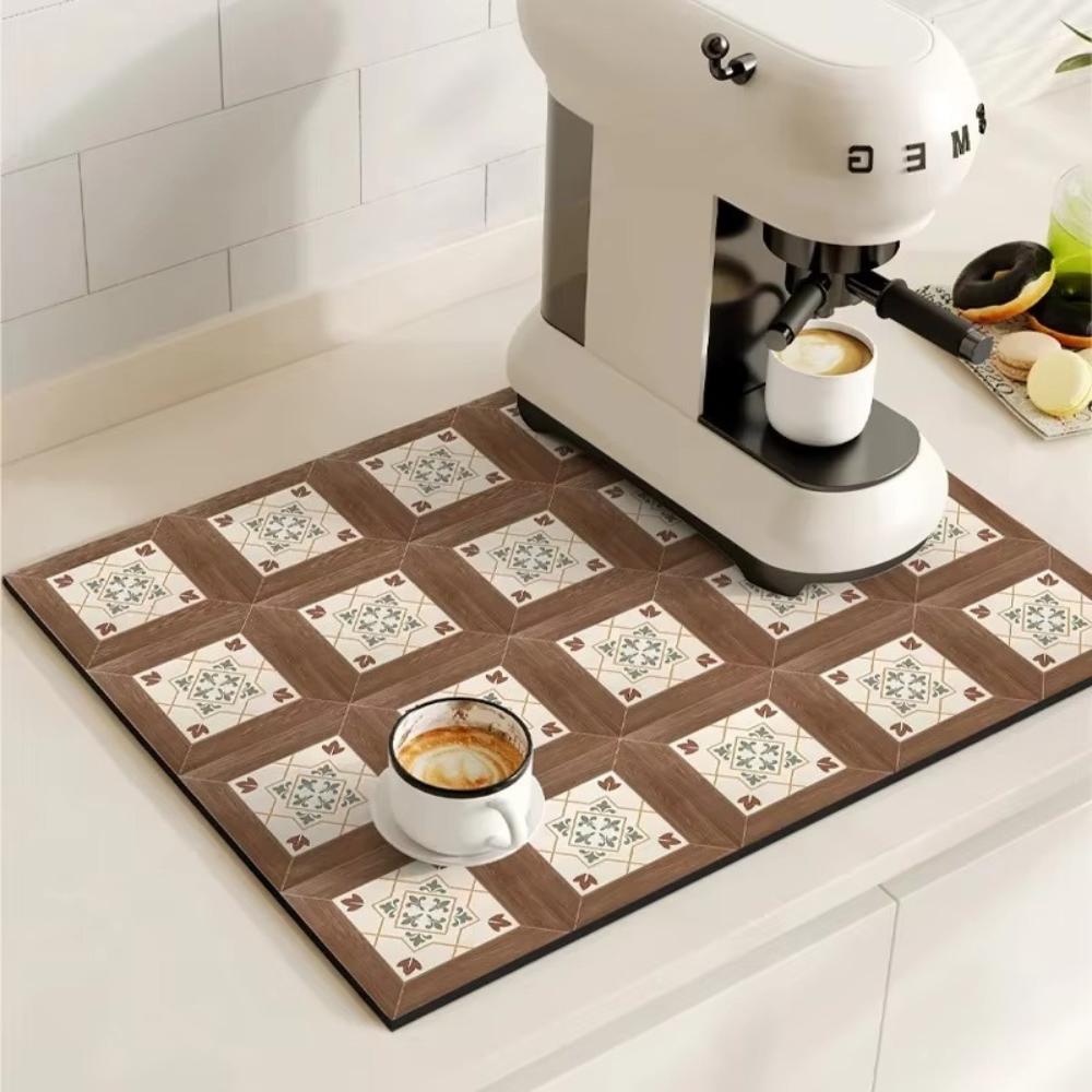 Diatomaceous Earth Drying Mat, Quick Dry Absorbent Stone Pad for Kitchen Counter, Coffee Bar, Dish Sink Drainer, Retro Tile Pattern | Lonoma