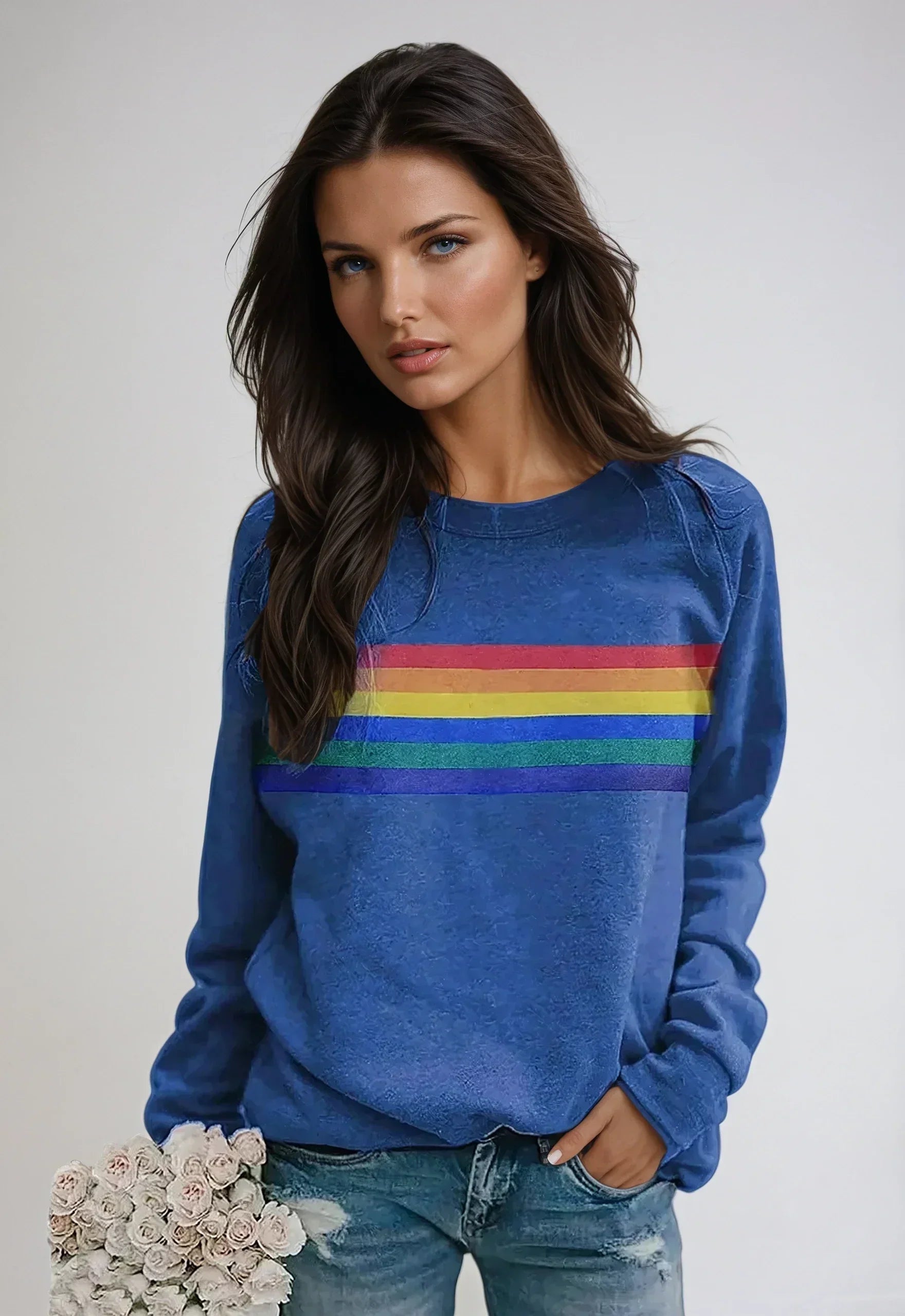 Women's Soft Cotton Sweatshirt with Colourful Stripe Detail for Relaxed Weekend Wear | Koossa