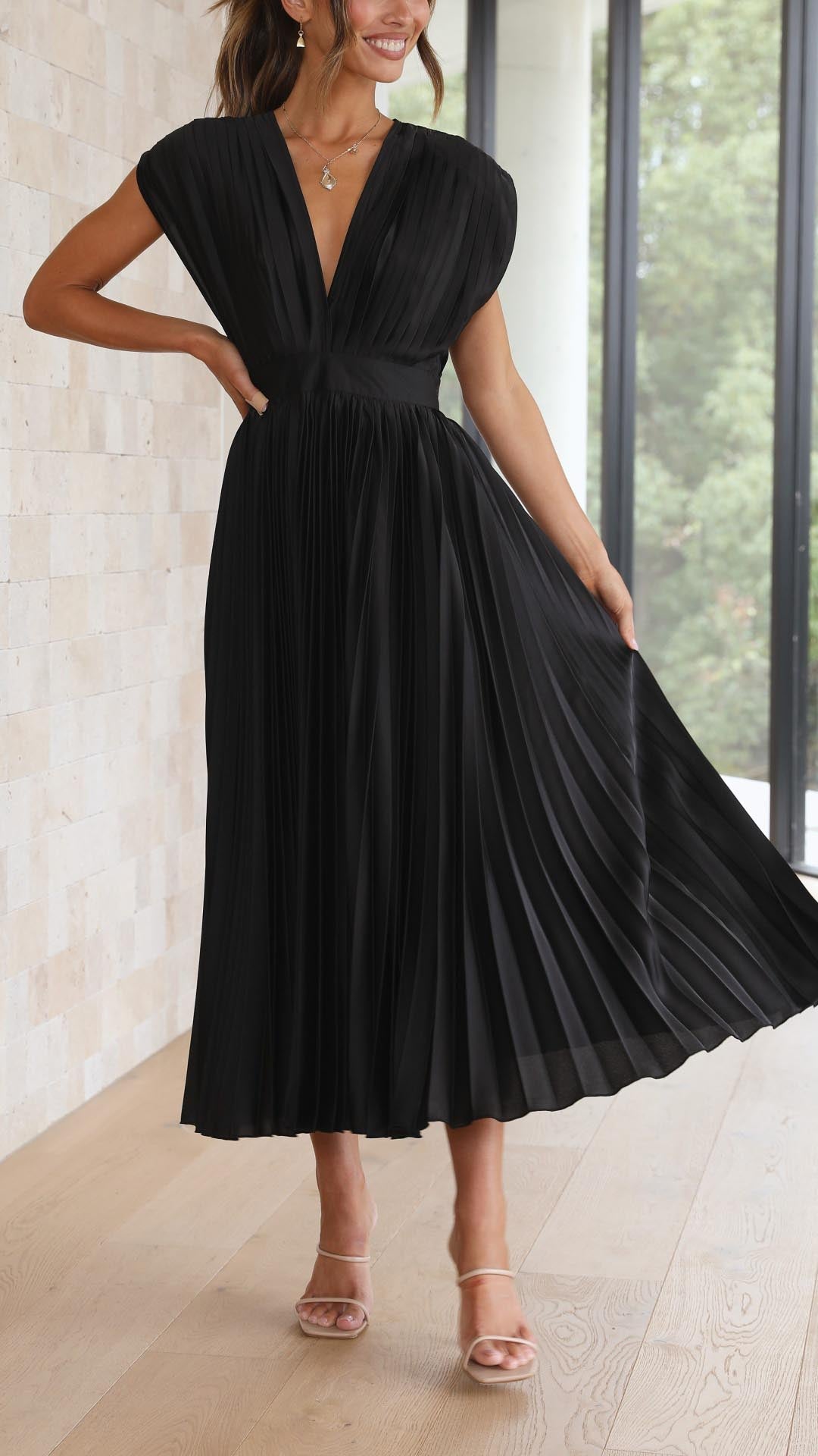 Women's Deep V-Neck Pleated Midi Dress in Soft Flowing Fabric for Spring and Summer Occasions | Koossa