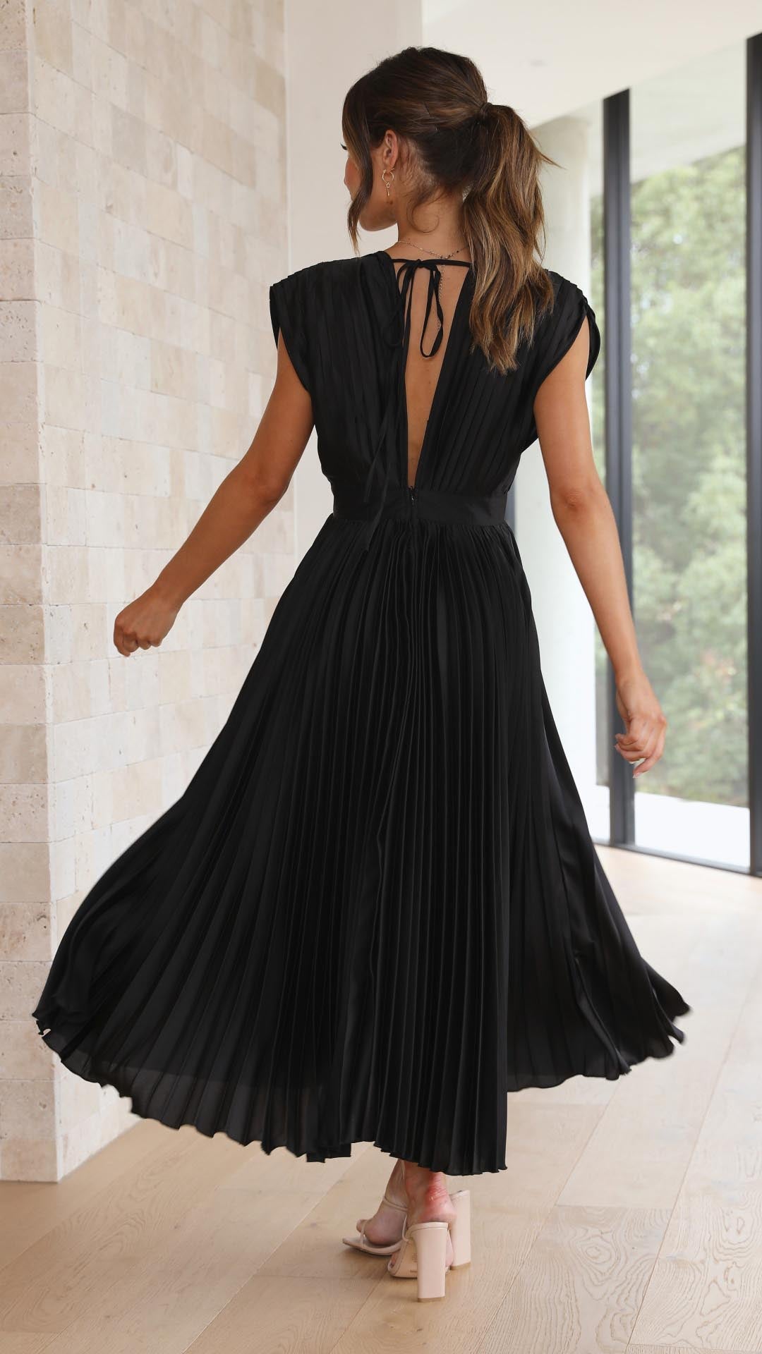 Women's Deep V-Neck Pleated Midi Dress in Soft Flowing Fabric for Spring and Summer Occasions | Koossa
