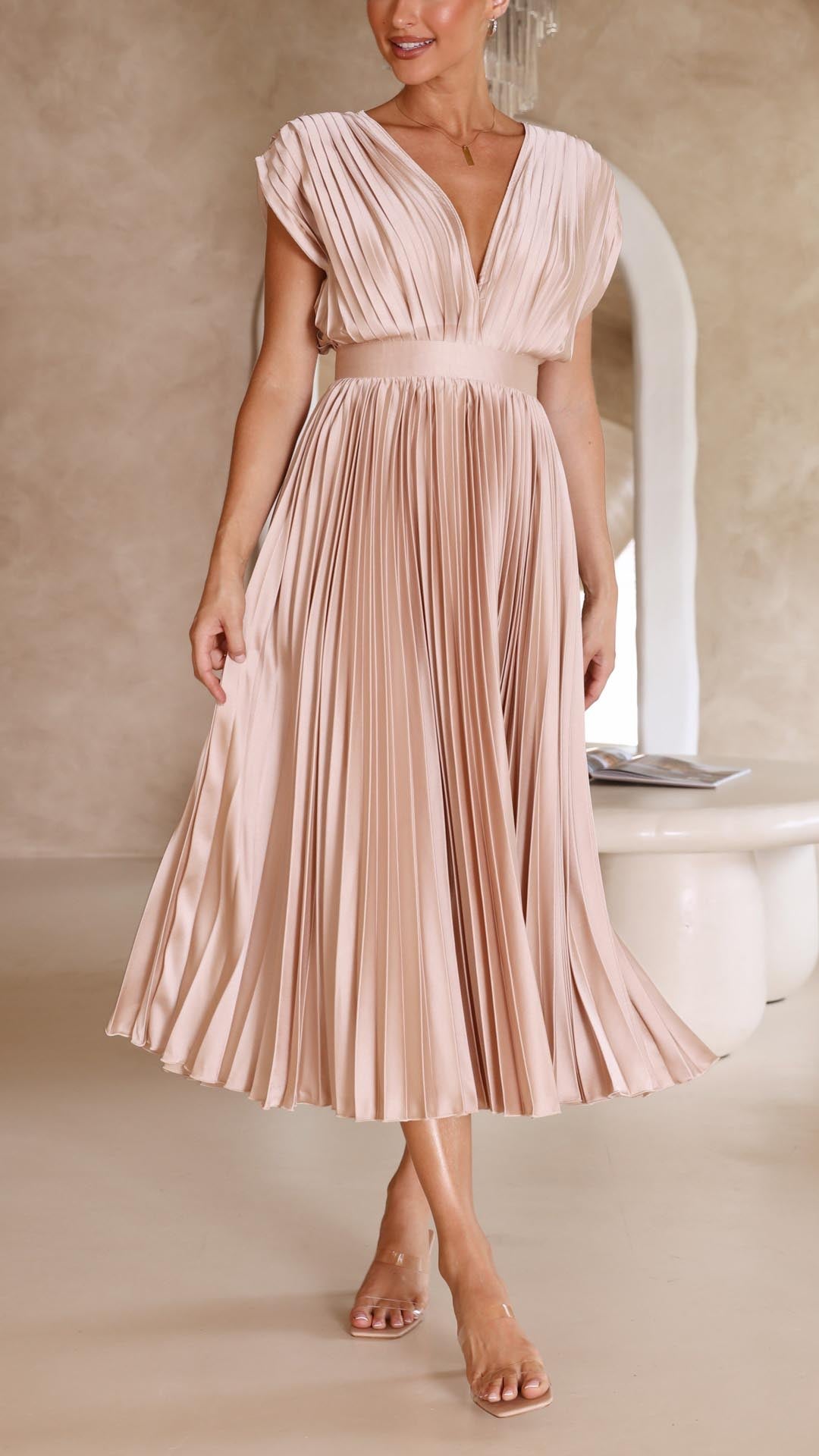 Women's Deep V-Neck Pleated Midi Dress in Soft Flowing Fabric for Spring and Summer Occasions | Koossa