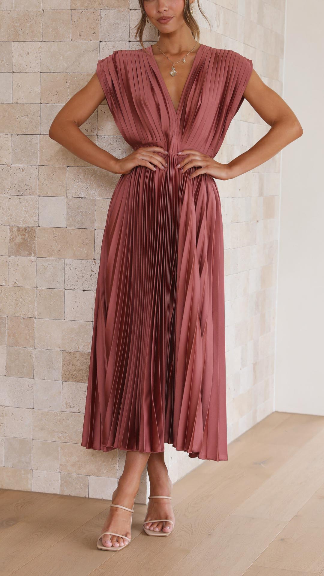 Women's Deep V-Neck Pleated Midi Dress in Soft Flowing Fabric for Spring and Summer Occasions | Koossa