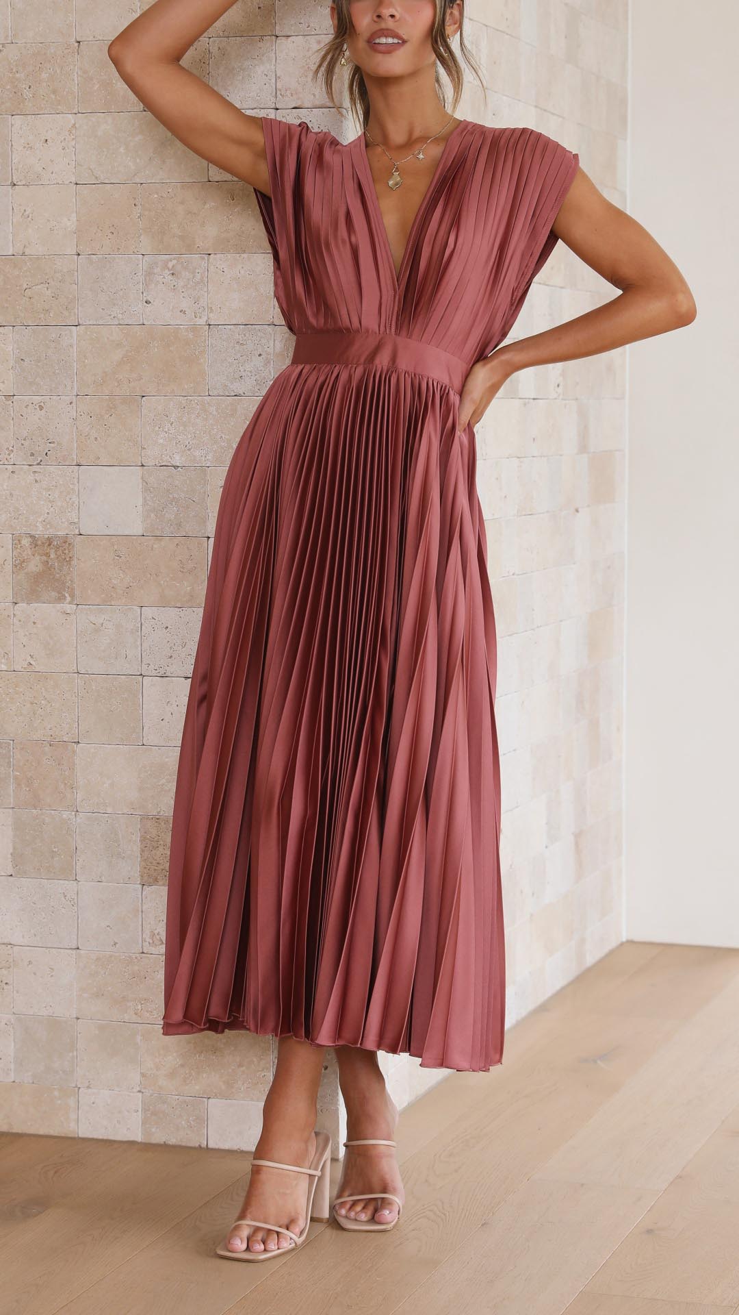 Women's Deep V-Neck Pleated Midi Dress in Soft Flowing Fabric for Spring and Summer Occasions | Koossa