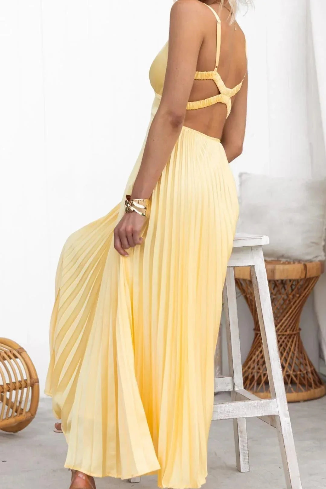 Sunburst Yellow Evening Gown with Pleated Skirt and Open Back | Formal Occasion Dress | Koossa