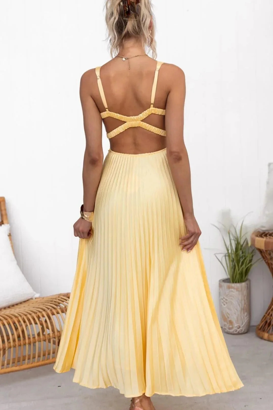 Sunburst Yellow Evening Gown with Pleated Skirt and Open Back | Formal Occasion Dress | Koossa