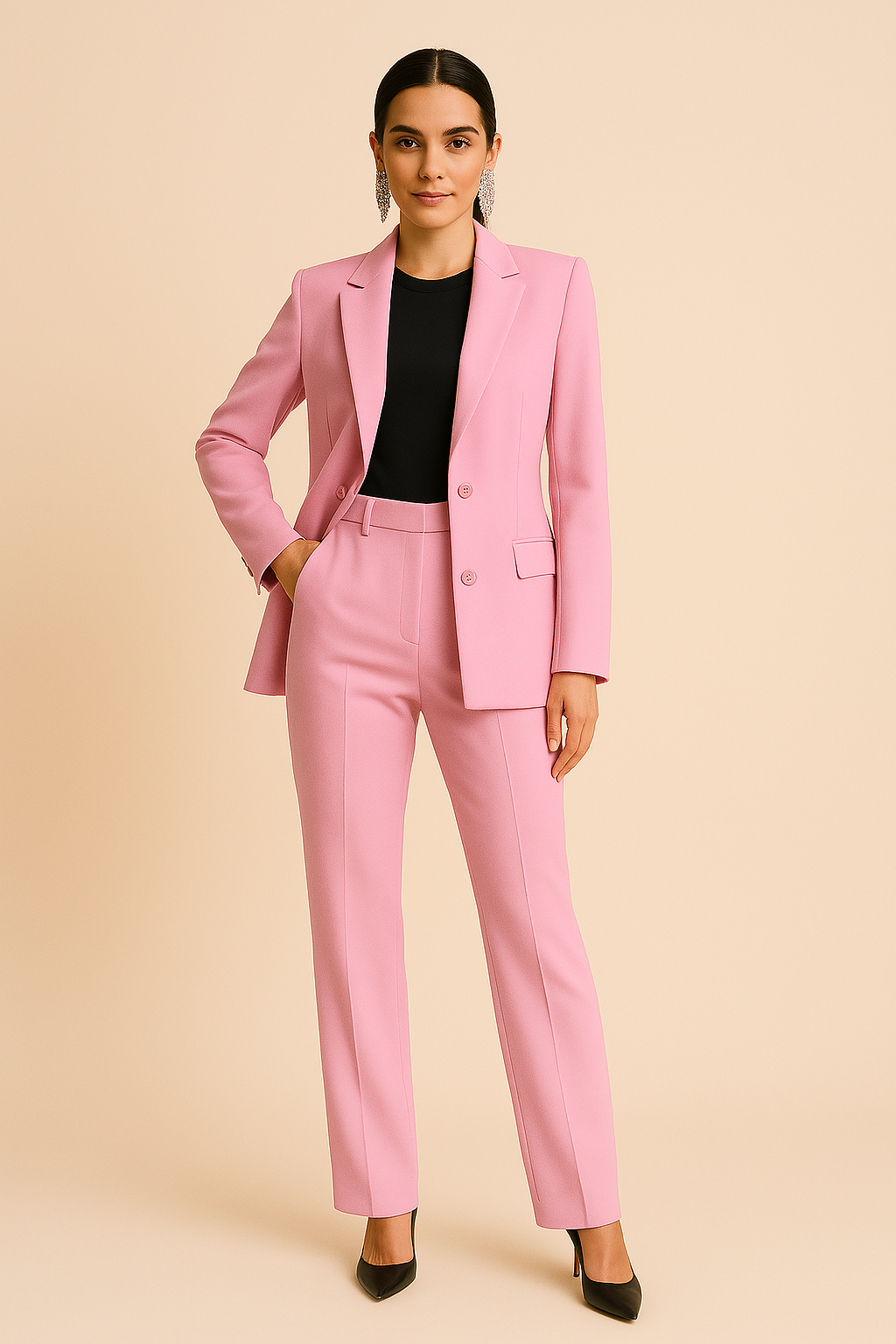 Women's Tailored Blazer and Pleated Trousers Two-Piece Suit in Pink, Beige, and Black – Classic Workwear Separates for Professional and Social Occasions | Koossa