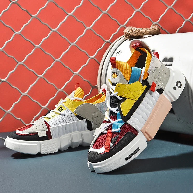 Men's Panelled Lace-Up Trainers in Yellow, Grey & Black — Contemporary Casual Footwear for Everyday Wear & Weekend Styling | Koossa