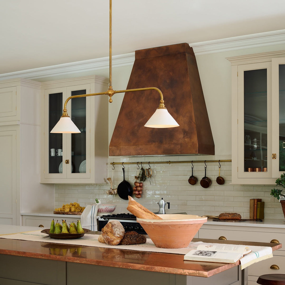 Brushed Brass Pendant Light with Flared Cone Shades for Dining Room & Kitchen Island | Dual Head Suspension Fixture | Lonoma