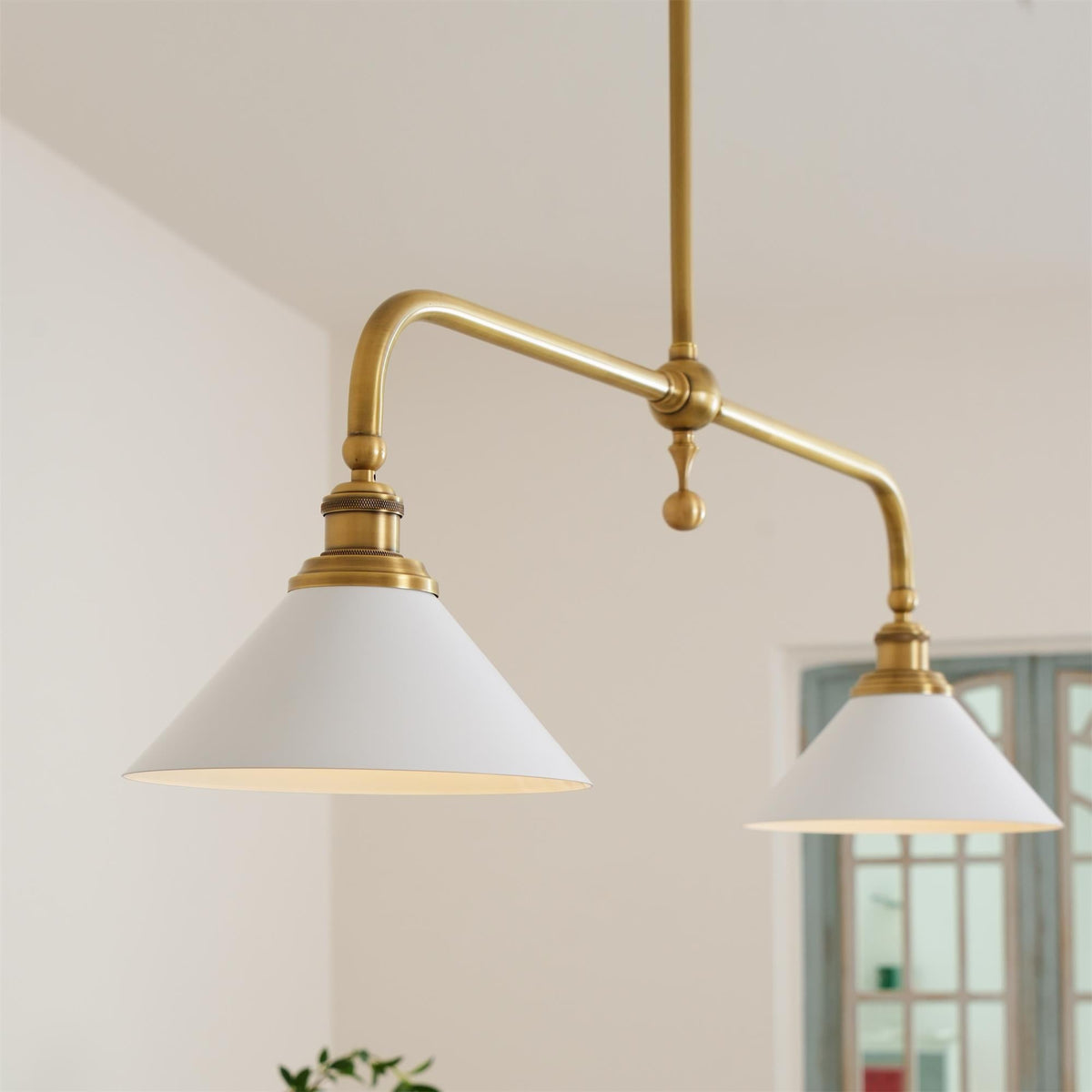 Brushed Brass Pendant Light with Flared Cone Shades for Dining Room & Kitchen Island | Dual Head Suspension Fixture | Lonoma