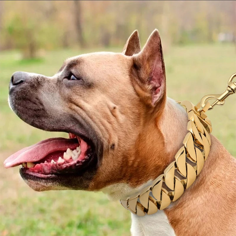 Dog Chain Collar Stainless Steel 18K Gold Plated Large Breed Heavy Duty Cuban Link Adjustable 32mm Wide | Koossa