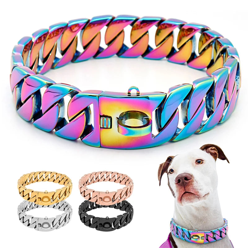 Dog Chain Collar Stainless Steel 18K Gold Plated Large Breed Heavy Duty Cuban Link Adjustable 32mm Wide | Koossa