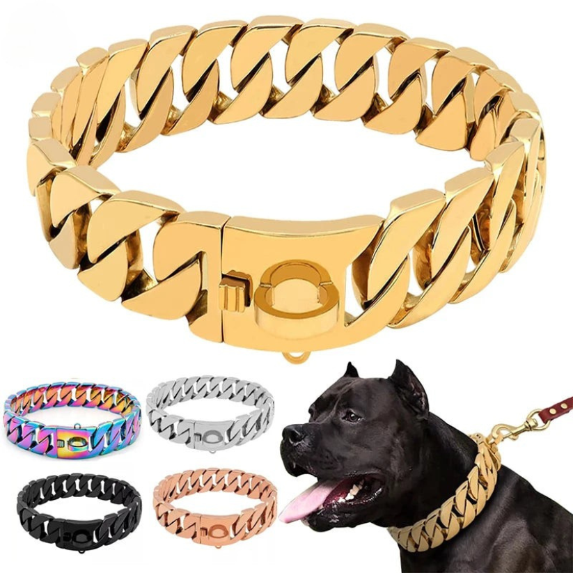 Dog Chain Collar Stainless Steel 18K Gold Plated Large Breed Heavy Duty Cuban Link Adjustable 32mm Wide | Koossa