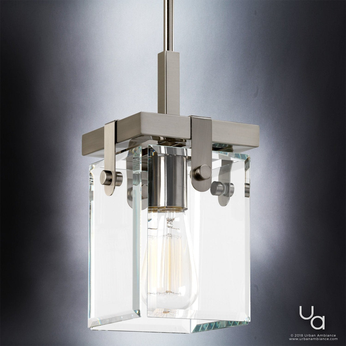 Brushed Nickel Pendant Light, 12 in Steel & Beveled Glass Adjustable Hanging Fixture for Kitchen Island, Dining Room, Hallway & Loft | Lonoma