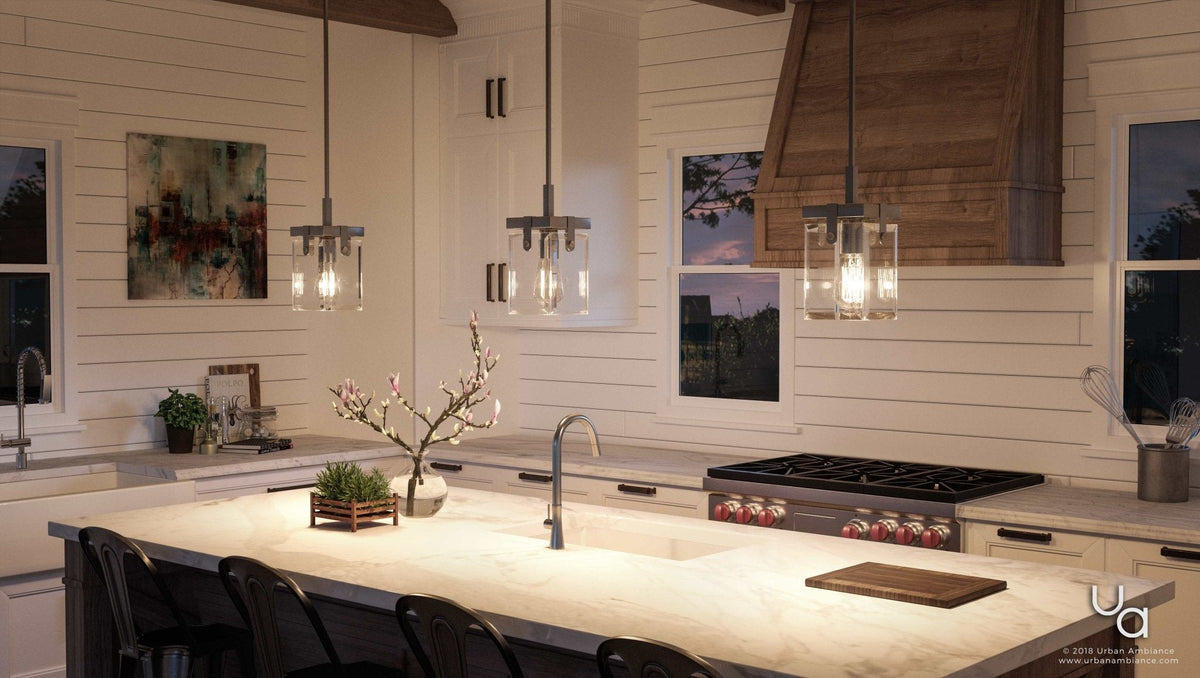 Brushed Nickel Pendant Light, 12 in Steel & Beveled Glass Adjustable Hanging Fixture for Kitchen Island, Dining Room, Hallway & Loft | Lonoma