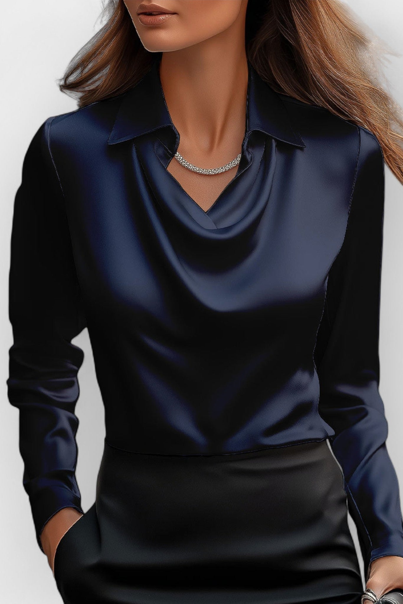 Collared Drape Neck Blouse in Lightweight Weave for Office and Evening | Women's Long Sleeve Smart Top with Elegant Neckline Detail | Koossa