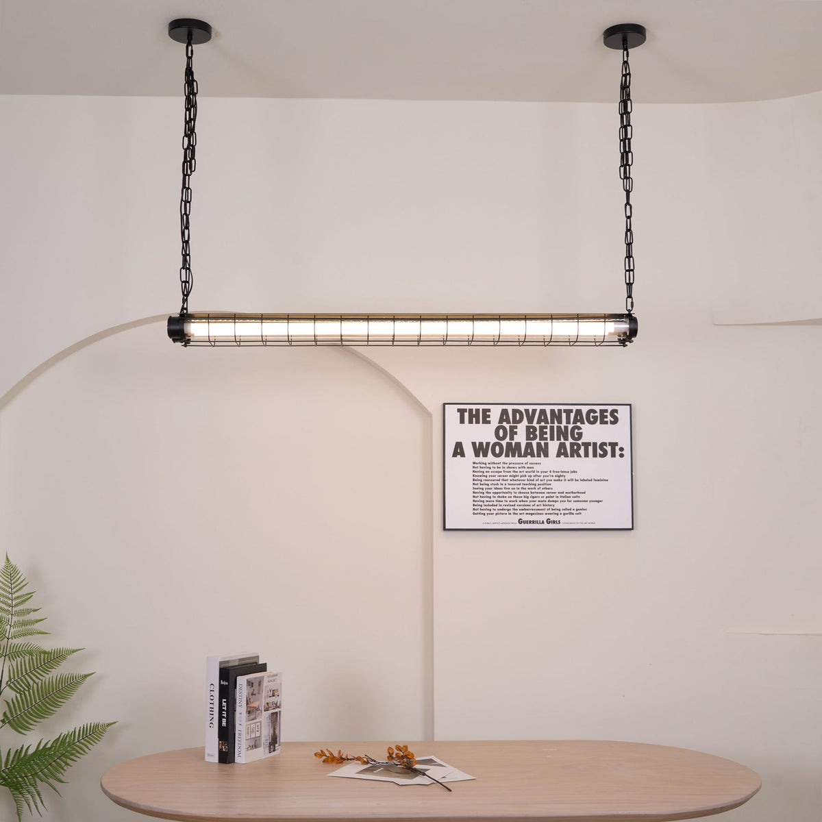 Horizontal Glass Cylinder Pendant Light with LED Strips – Metal Body, 48 in Long, Modern Industrial for Dining Room Kitchen Island | Lonoma