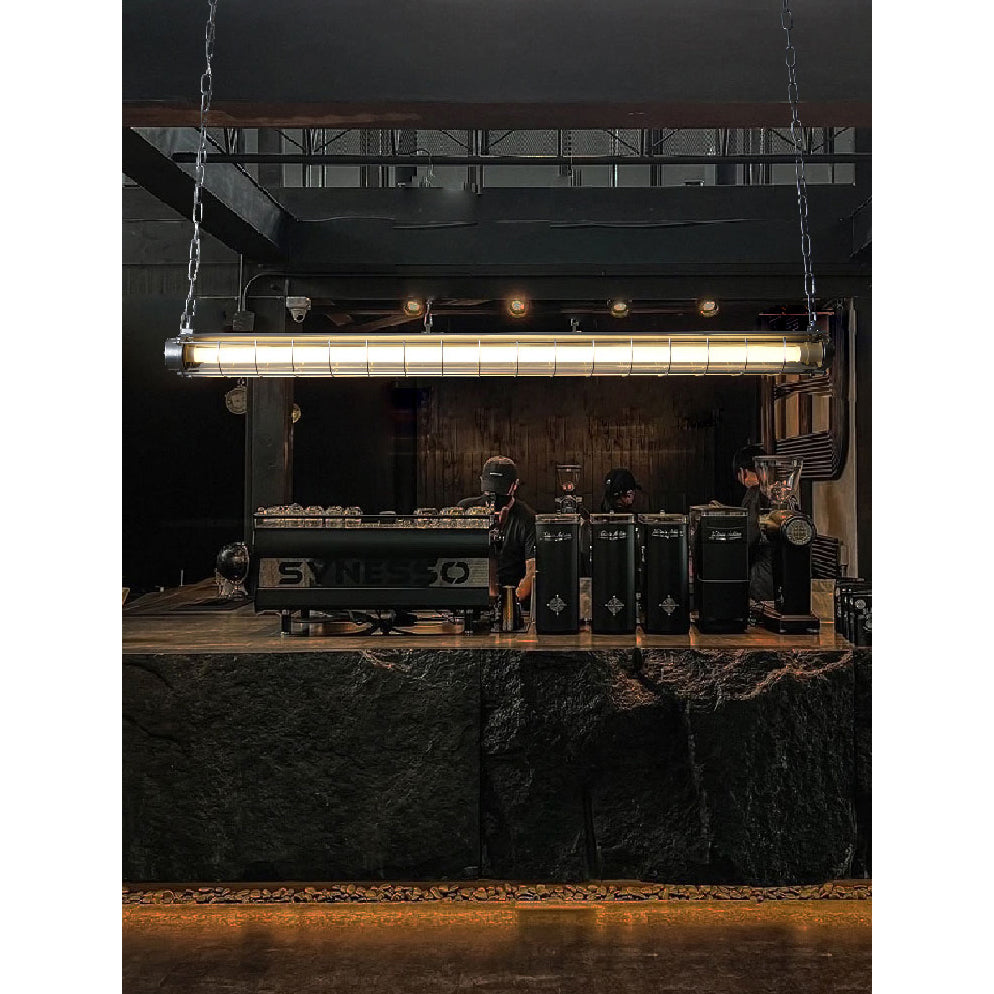 Horizontal Glass Cylinder Pendant Light with LED Strips – Metal Body, 48 in Long, Modern Industrial for Dining Room Kitchen Island | Lonoma
