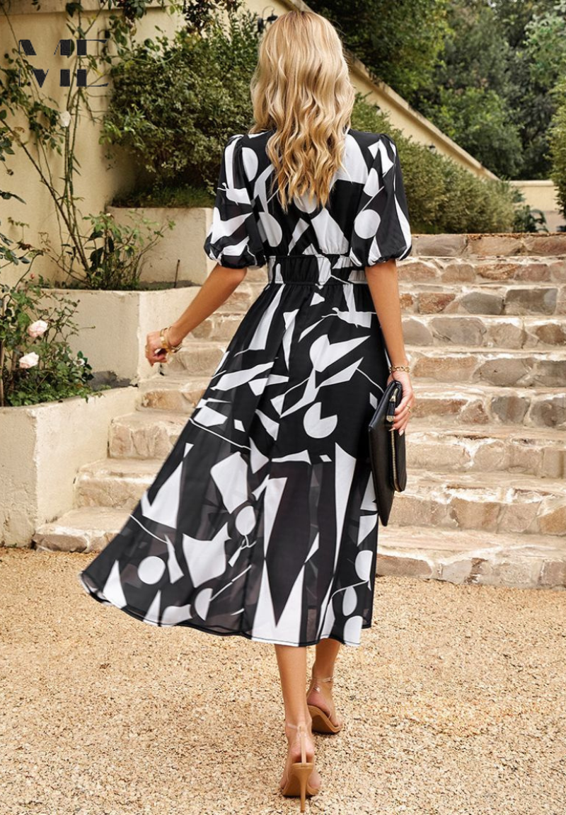 Floral Midi Dress with Puff Sleeves and Gathered Waist for Garden Parties and Summer Weddings | Koossa