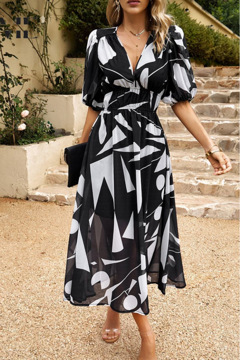 Floral Midi Dress with Puff Sleeves and Gathered Waist for Garden Parties and Summer Weddings | Koossa