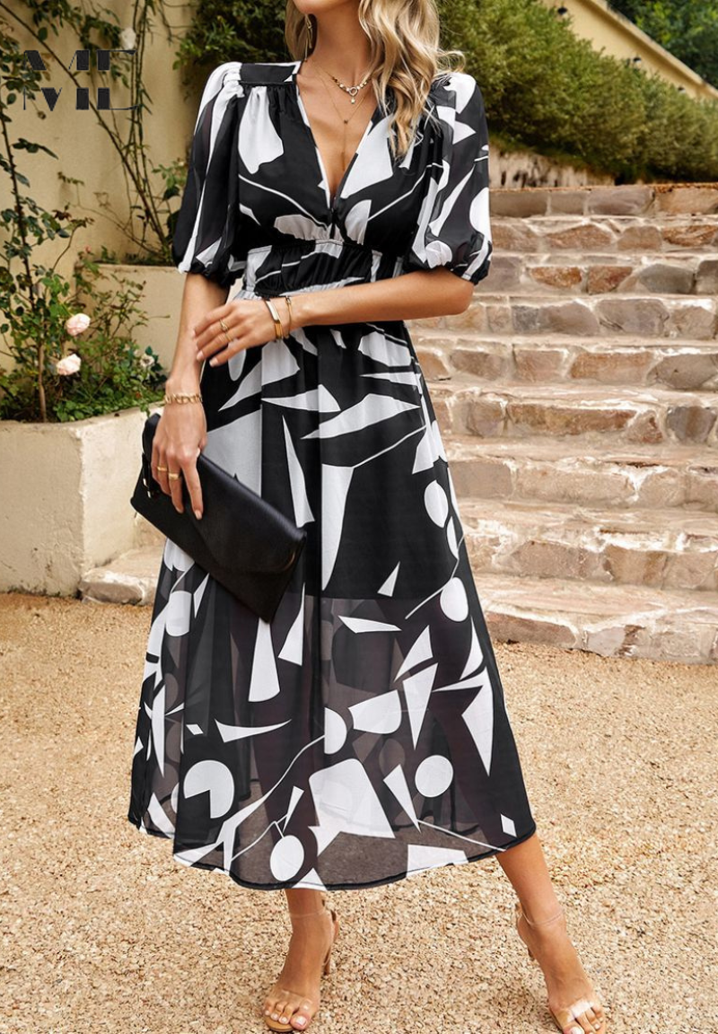 Women's V-Neck Floral Midi Dress in Vibrant Summer Prints | Elegant Garden Party Dress | Lightweight Flowing Dress for Warm Weather | Koossa