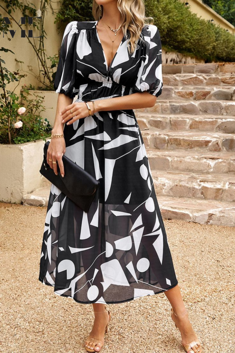 Floral Midi Dress with Puff Sleeves and Gathered Waist for Garden Parties and Summer Weddings | Koossa