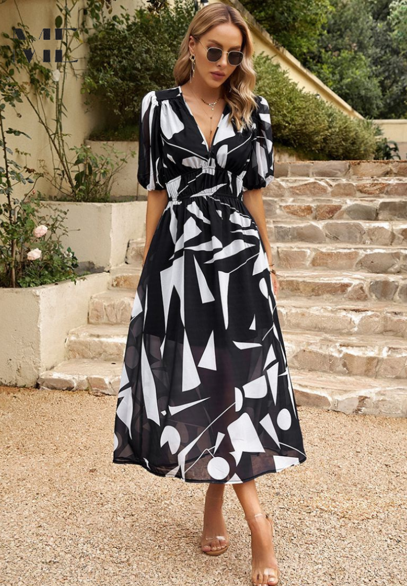 Women's V-Neck Floral Midi Dress in Vibrant Summer Prints | Elegant Garden Party Dress | Lightweight Flowing Dress for Warm Weather | Koossa