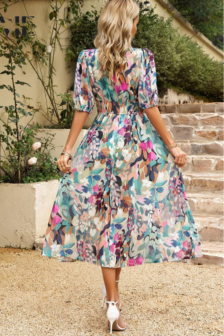 Floral Midi Dress with Puff Sleeves and Gathered Waist for Garden Parties and Summer Weddings | Koossa