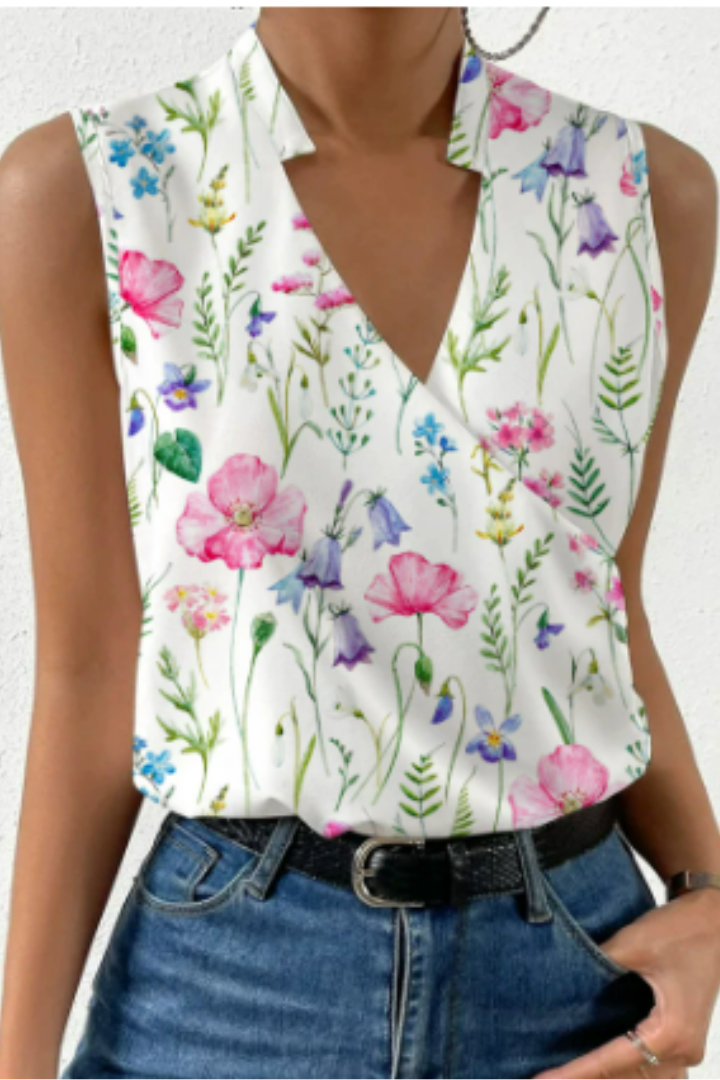 Sleeveless V-Neck Wrap Blouse in Floral & Solid Colours for Effortless Spring Elegance | Koossa